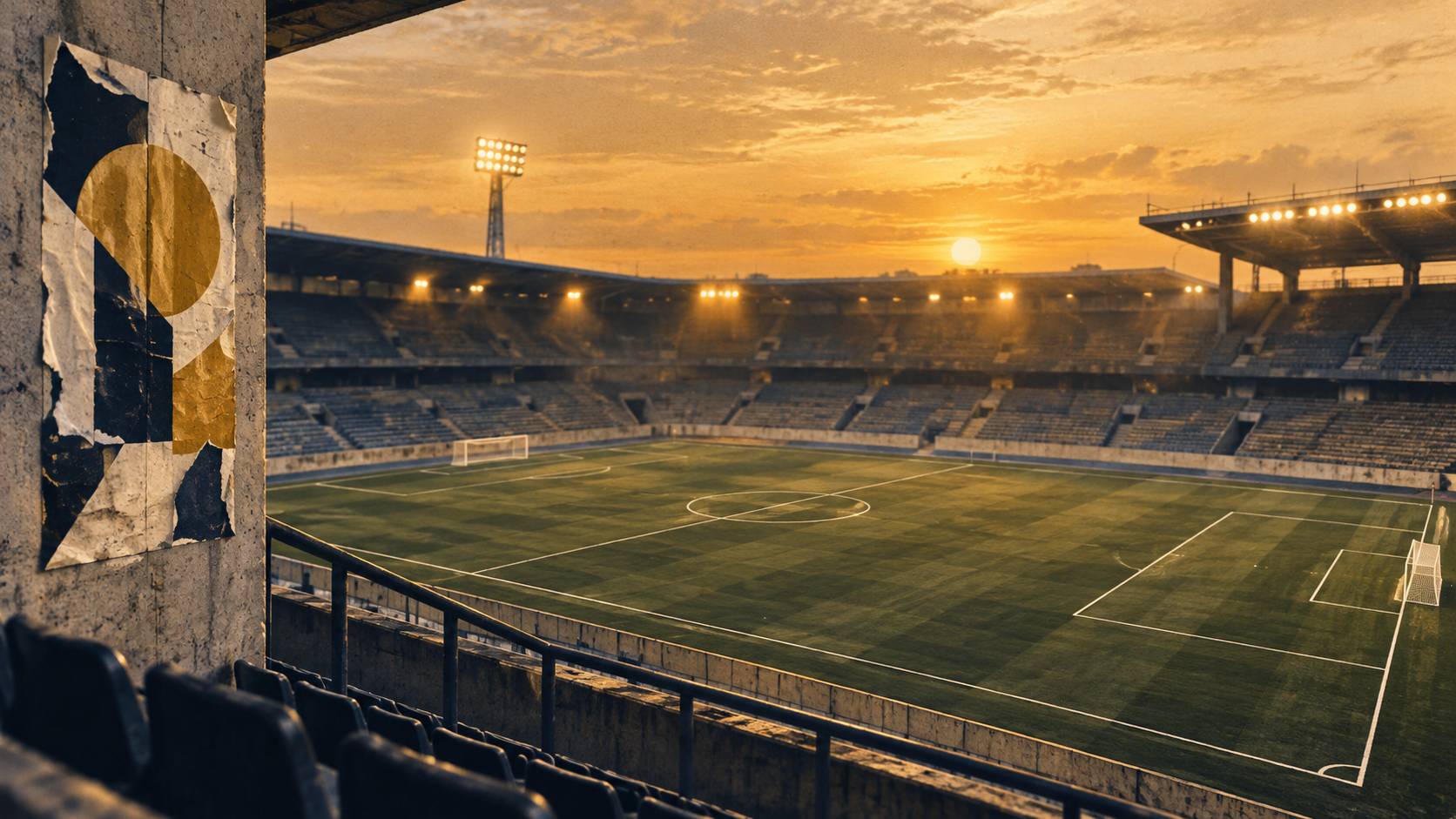 Tribunes de stade de football remplies de supporters avec écharpes et fumigènes légers en journée