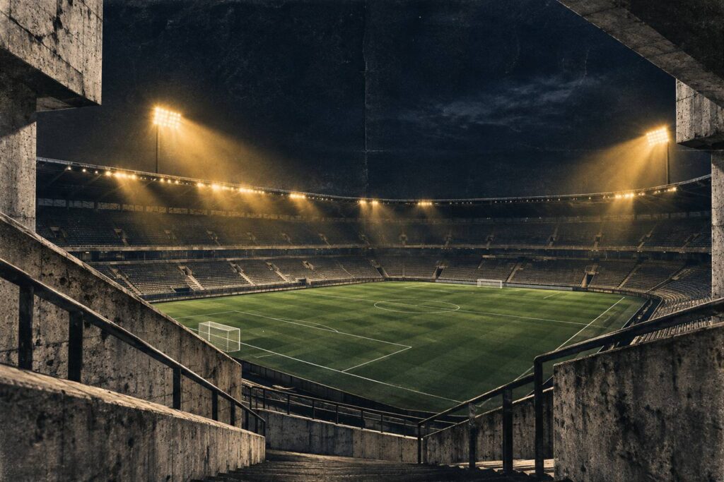 Stade de football de nuit sous les projecteurs avec pelouse éclairée