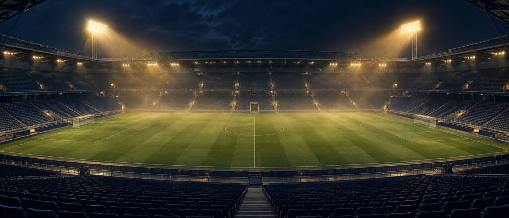 Stade de football éclairé par les projecteurs, pelouse et tunnel des joueurs