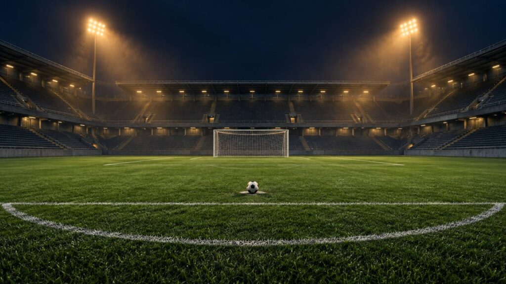 Stade de football vide sous les projecteurs avec un ballon sur la pelouse