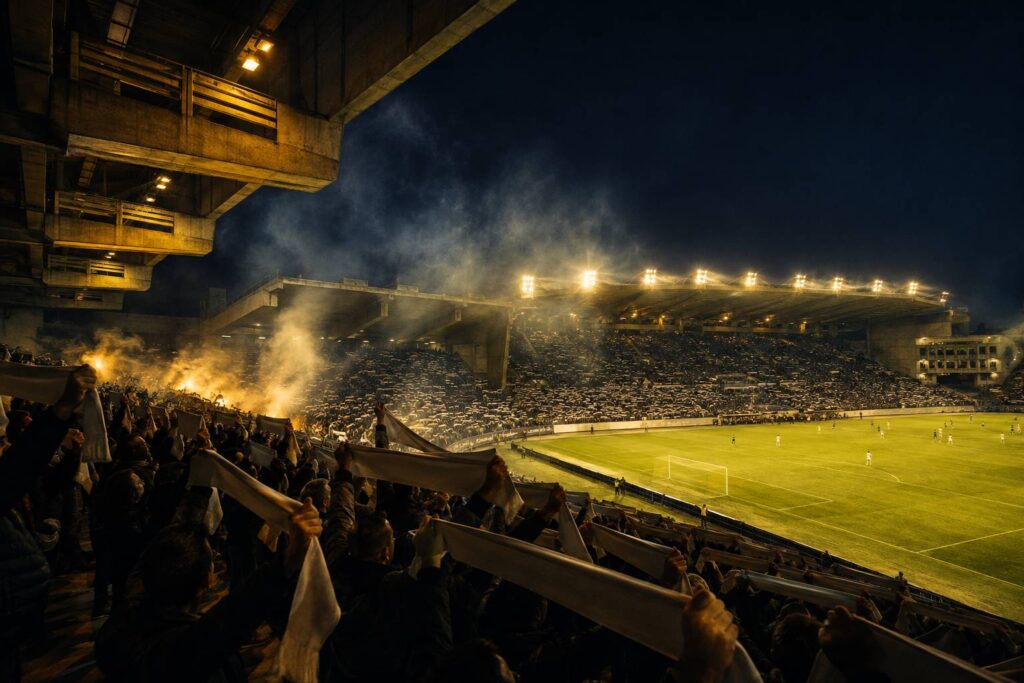 Stade de football éclairé par les projecteurs avec des supporters en tribune