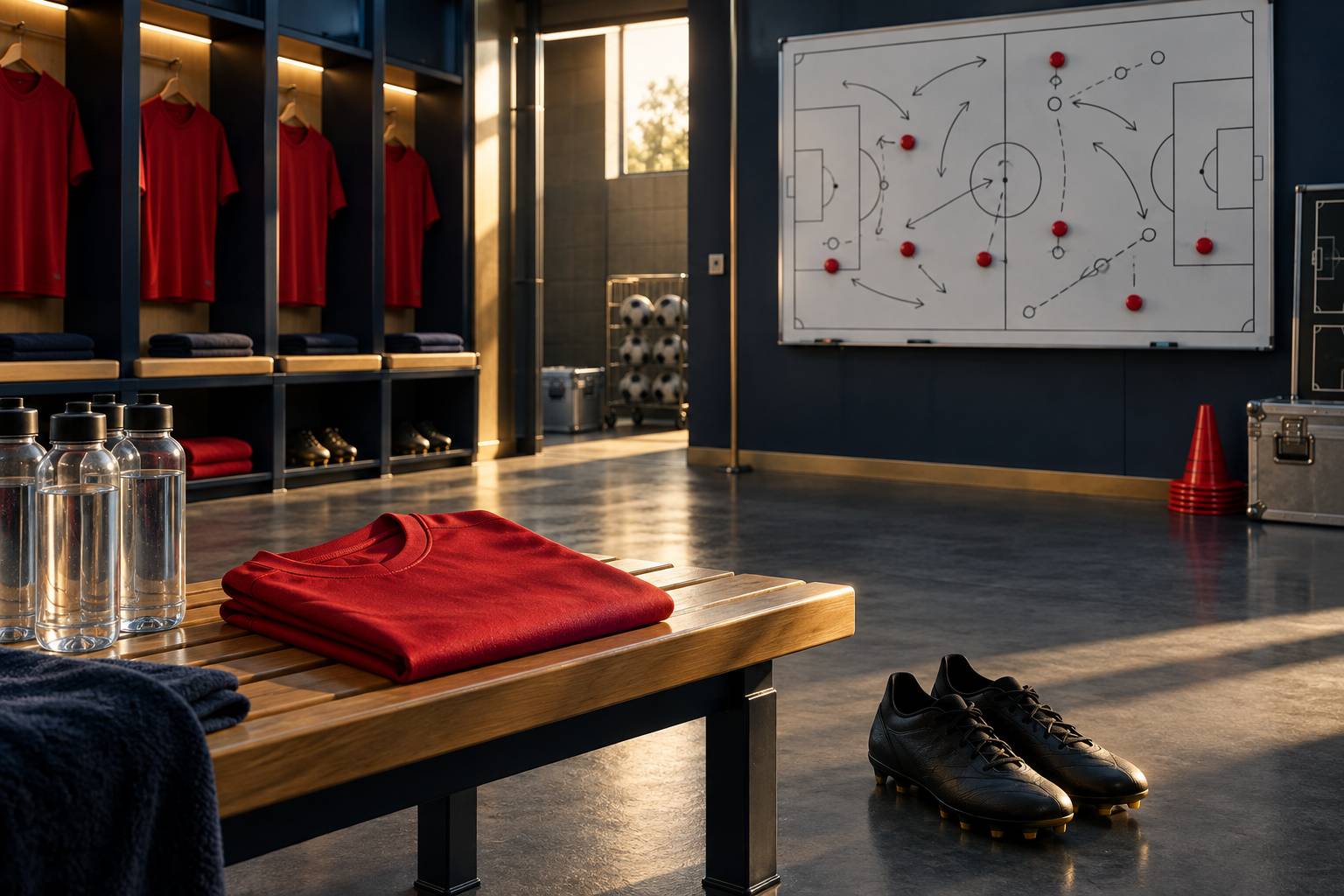 Tableau tactique avec aimants et maillot rouge dans un vestiaire