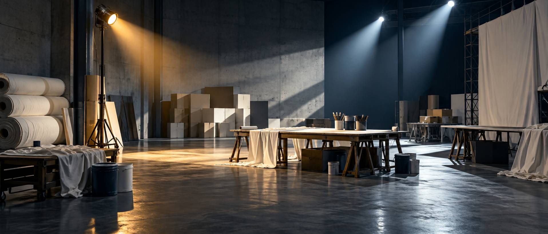 Bâches et cartons découpés dans un atelier de fabrication de tifo