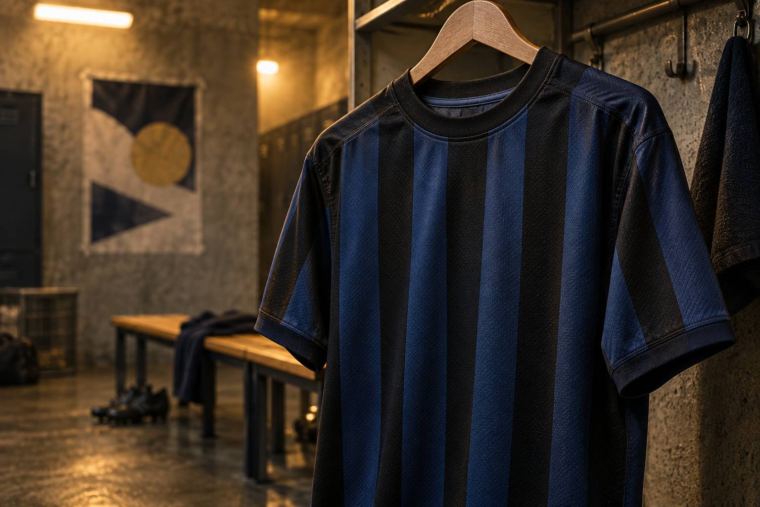 Vue large rapprochée du tissu d'un maillot rayé bleu et noir : rayures, coutures et texture détaillées, cintre