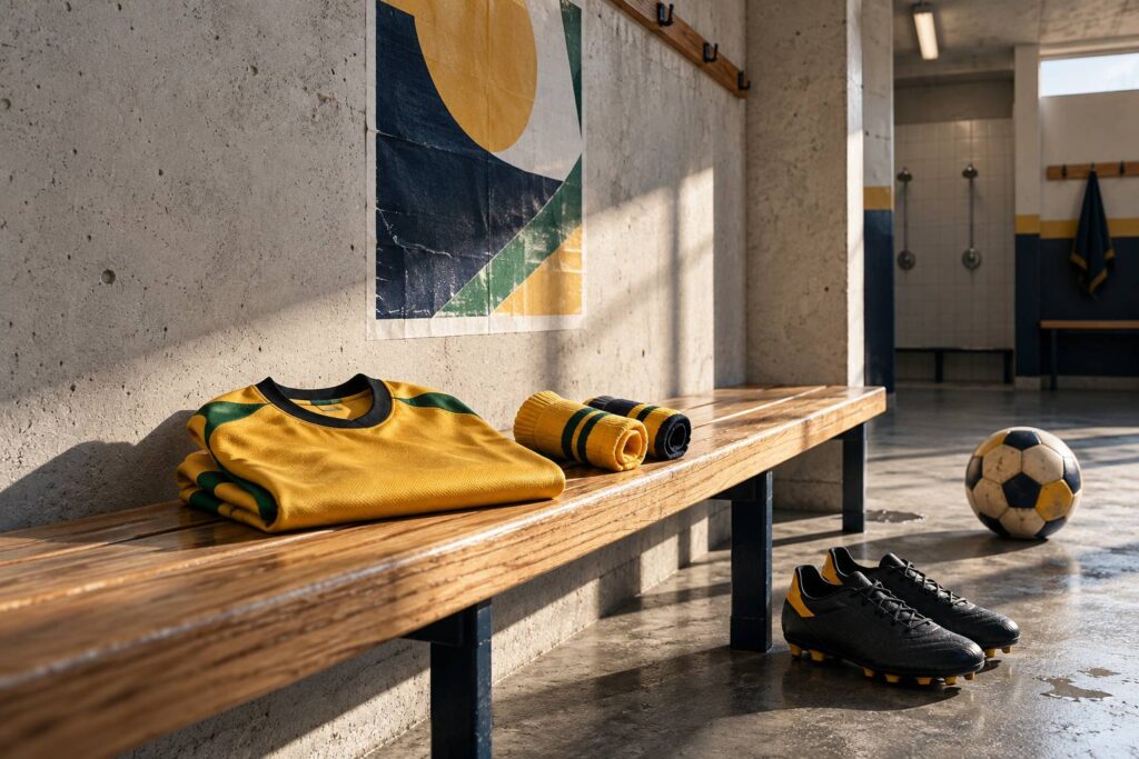 Maillot de football jaune vert et noir plie sur un banc de vestiaire