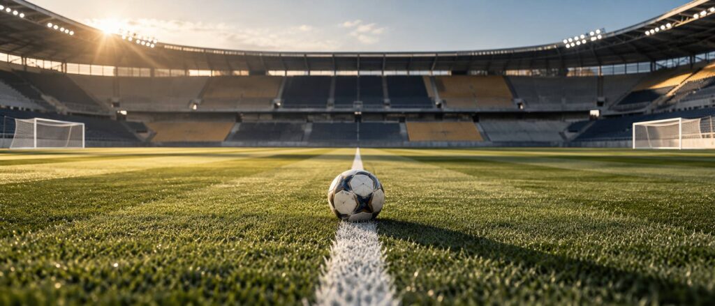Ballon pose sur la ligne mediane d'un terrain de football avec tribunes vides